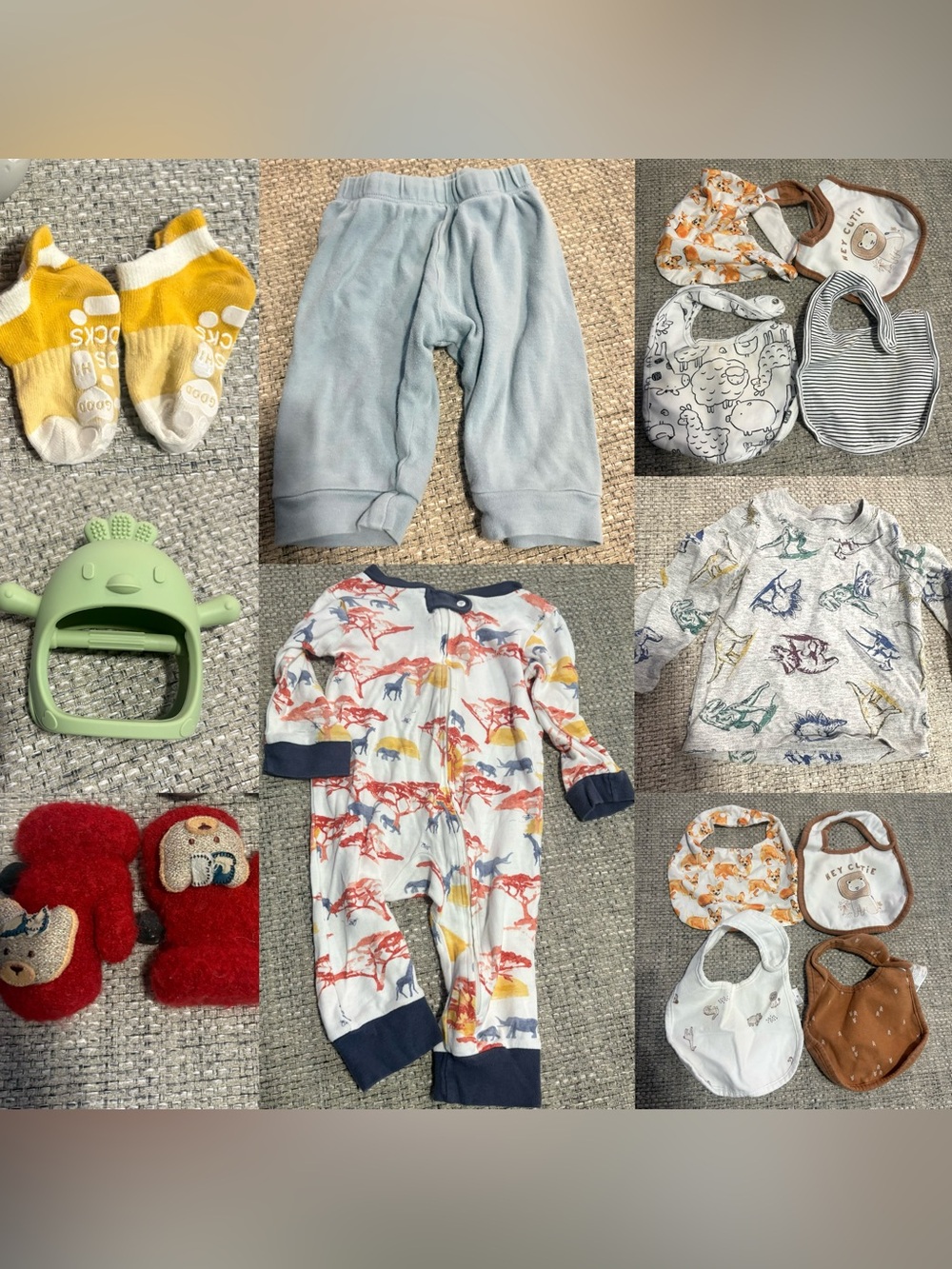 Set of 12 baby clothes bundles one piece, shirt, pants, bibs, socks, mittens